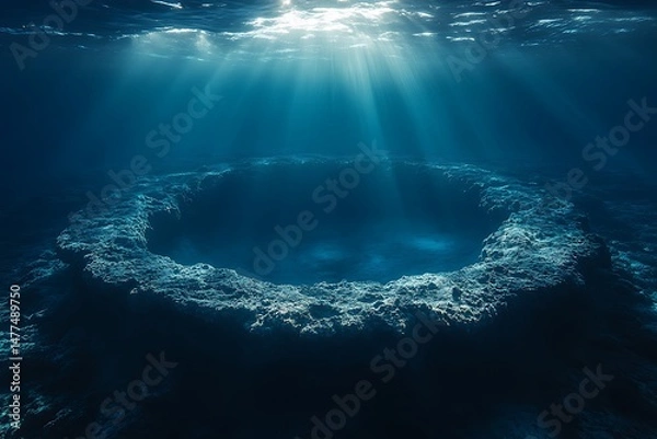 Fototapeta Sunbeams illuminate a circular reef formation on the seabed