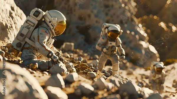 Fototapeta Astronauts exploring a rocky terrain with space suits and helmets on a bright day in an alien landscape .