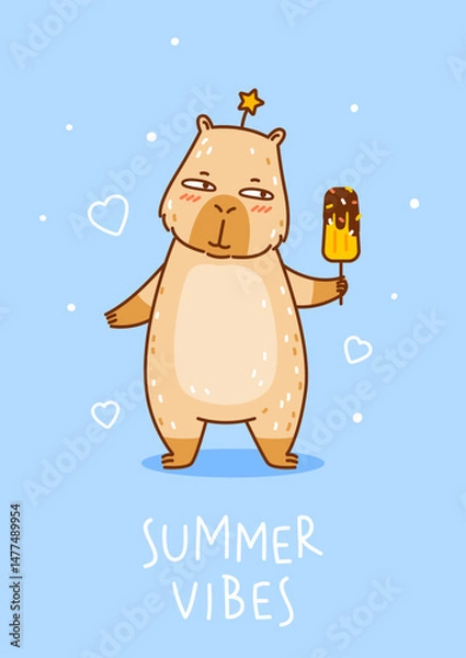 Obraz Cute сartoon capybara with ice cream on blue background - funny animal for Your happy summer greeting card design