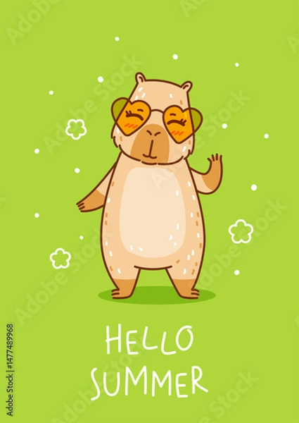 Obraz Cute сartoon capybara with sun glasses on green background - funny animal for Your happy summer greeting card design