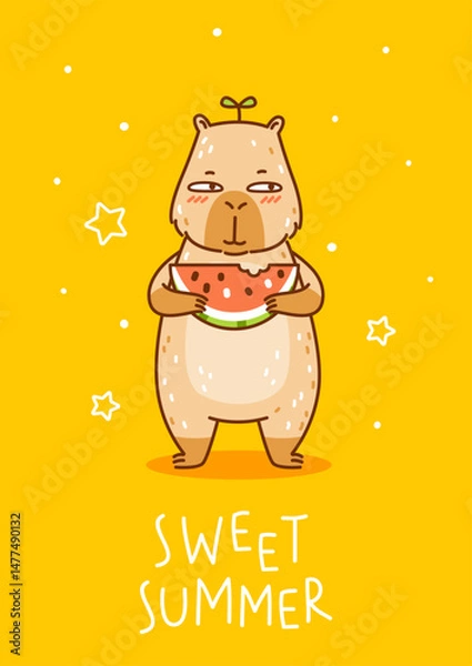 Obraz Cute сartoon capybara with watermelonon yellow background - funny animal for Your happy summer greeting card design