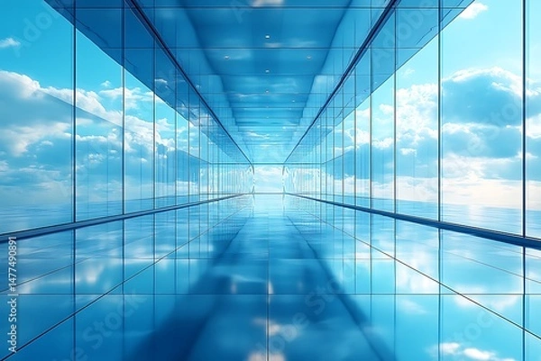Obraz Empty modern office corridor with glass walls and blue sky view