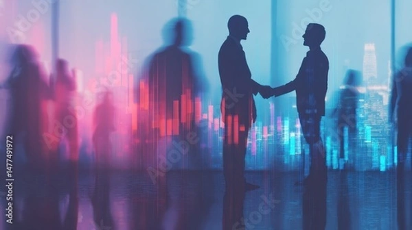 Obraz Business people shaking hands; blurred figures and cityscape background in blue and pink.