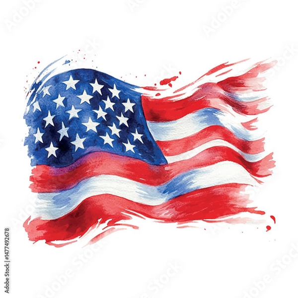 Obraz Vibrant watercolor representation of the American flag flowing elegantly in the wind during a sunny day