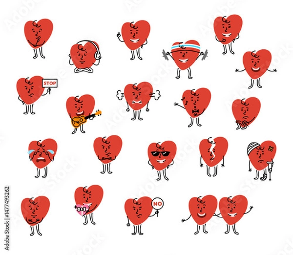 Obraz Cute hand drawn cartoon heart character with different facial expression and body posture. Wondering, confident, calm, sad, broken, angry, exercising, or showing other emotions and actions.