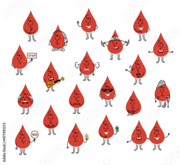 Obraz Hand drawn blood drop character with different facial expression and body posture. Wondering, confident, calm, sad, angry, exercising, holds a glucometer or stop sign, with other emotions and actions