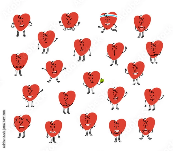 Obraz Cute hand drawn cartoon heart character with different facial expression and body posture. Happy, surprised, angry, smiling, confident, pointing, running, or showing other emotions and actions.