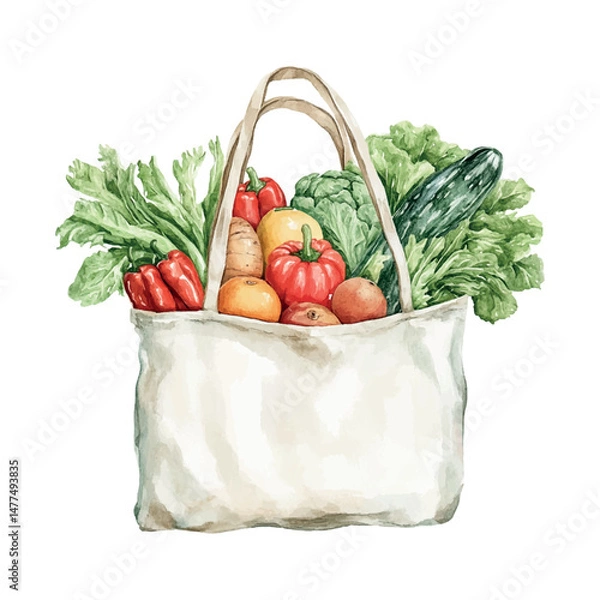 Obraz Fresh vegetables and fruits arranged in a reusable bag showcasing organic produce for healthy living