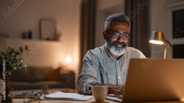 Obraz Man with beard using laptop at desk in dimly lit room at night.
