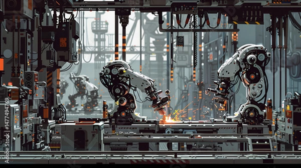 Fototapeta Robotic arms welding metal in an industrial factory setting with sparks flying and complex machinery around .