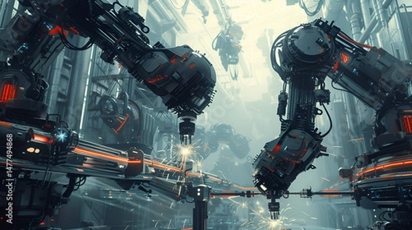 Fototapeta Robotic arms welding with sparks in a futuristic industrial factory setting with complex machinery .