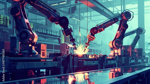 Fototapeta Robotic arms welding metal in a factory setting with sparks and industrial equipment visible around them .