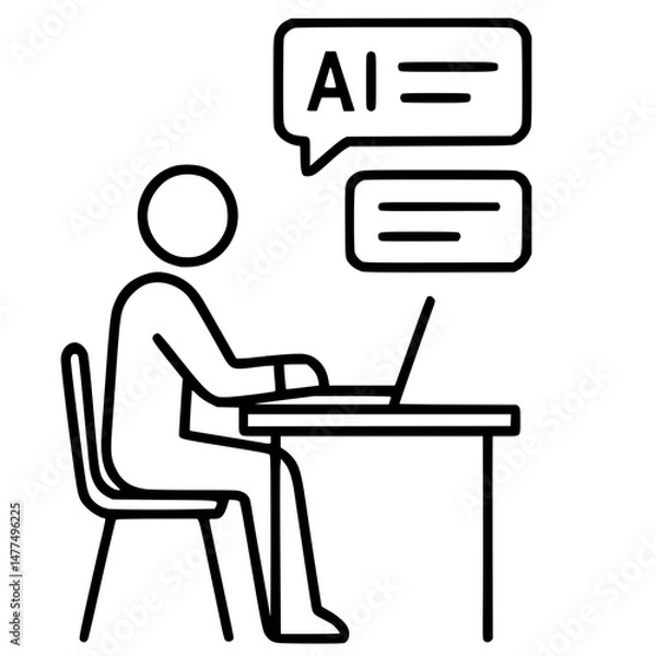 Fototapeta Minimal line drawing of laptop on desk displaying AI assistant