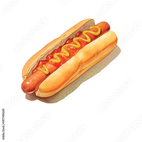Fototapeta Hot dog with ketchup and mustard served in a soft bun displayed on a white background