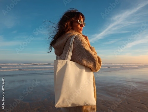 Obraz Woman with tote bag standing on beach with ocean and sky background.