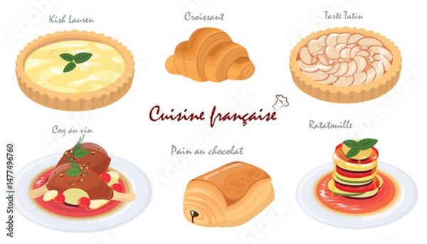 Obraz Set of tasty French cuisine dishes in cartoon style.Vector illustration of French dishes: Quiche Lorraine,croissant,Tarte Tatin, Coq au vin, Pain au chocolat, Ratatouille isolated on white background.