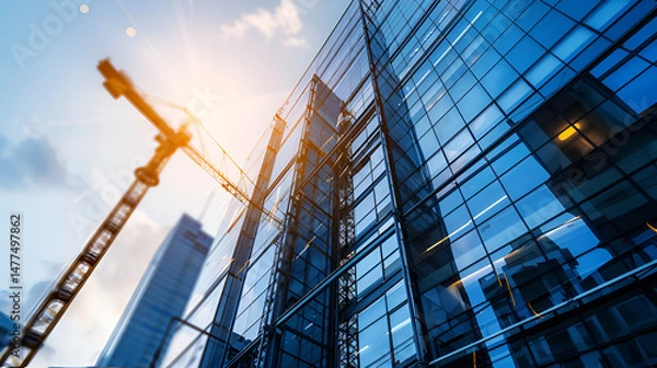 Fototapeta View of a modern glass building with a construction crane against a bright sunny sky during the day .