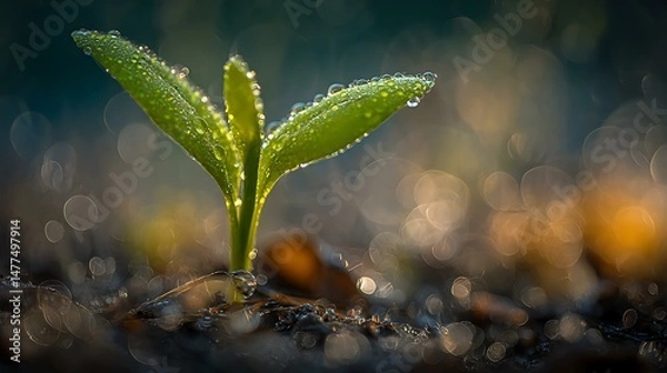Fototapeta Close-up of a fresh seedling with dewdrops on its leaves, standing strong in early morning light, natural textures and soft shadows, clean composition with room for branding or message