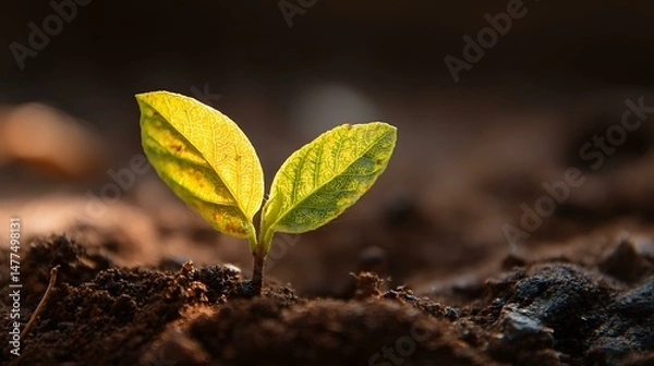 Fototapeta Macro shot of a young leaf emerging from the soil, glowing in warm sunlight, surrounded by soft earthy background, symbol of renewal, sustainability, and mindful living