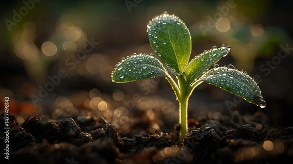 Fototapeta Close-up of a fresh seedling with dewdrops on its leaves, standing strong in early morning light, natural textures and soft shadows, clean composition with room for branding or message