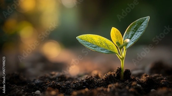 Fototapeta Macro shot of a young leaf emerging from the soil, glowing in warm sunlight, surrounded by soft earthy background, symbol of renewal, sustainability, and mindful living