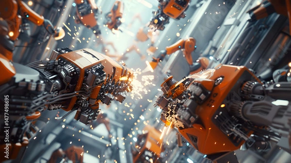 Obraz Robotic arms working in a factory with sparks flying and orange and silver color scheme in a futuristic setting .