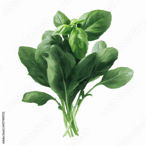 Fototapeta Fresh Bundle of Spinach and Basil Herbs Isolated on White Transparent background