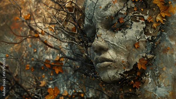Fototapeta Stone face with branches and leaves in a forest like setting with an autumn color palette .