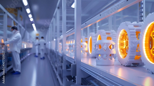 Fototapeta Workers in cleanroom environment inspecting illuminated circular components on a conveyor belt system .