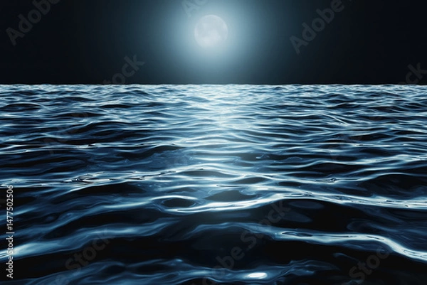 Fototapeta Tranquil moonlit ocean surface at night with gentle waves and glimmering reflections under the starry sky