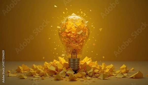 Fototapeta Exploding Light Bulb Surrounded by Shattered Yellow Fragments Representing Creative Energy