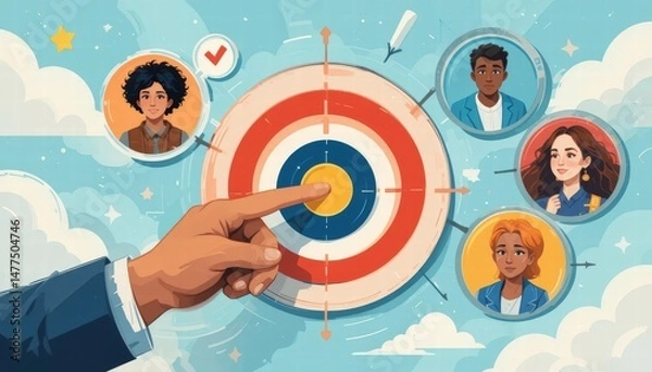 Fototapeta Hand Pointing at a Colorful Target Surrounded by Diverse Team Members in Conceptual Illustration