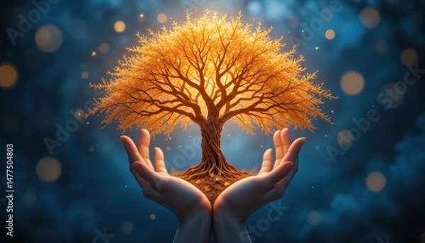 Fototapeta Illuminated Golden Tree Held by Gentle Hands Against a Dreamy Background with Bokeh Effects