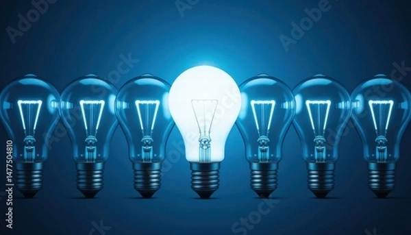 Fototapeta Illuminated Bulb Surrounded by Dim Bulbs Symbolizing Innovative Ideas and Bright Solutions