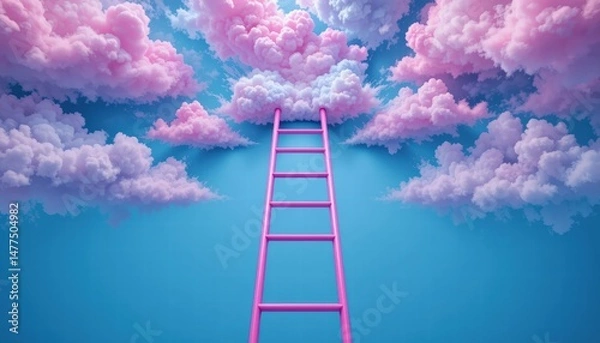 Fototapeta Pink Ladder Leading Up Through Colorful Dreamy Clouds in a Bright Blue Sky Background