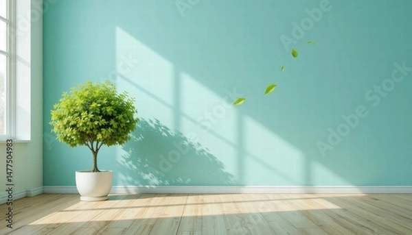 Fototapeta Minimalist Interior Space With Green Tree and Sunlight Streaming Through Windows