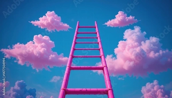 Fototapeta Pink Ladder Reaching Into the Bright Blue Sky Filled With Fluffy Clouds Creating a Dreamy Atmosphere