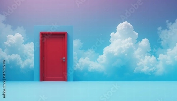 Fototapeta Red Door Against a Dreamy Blue Sky with Soft Clouds in a Surreal Imaginary Landscape