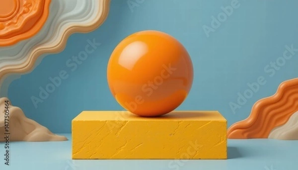 Fototapeta Smooth Orange Sphere on Yellow Block Against Soft Blue Background with Abstract Elements