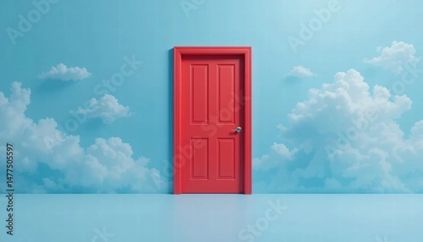 Fototapeta Vibrant Red Door Against Blue Wall with Cloud Patterns in a Minimalist Interior Space