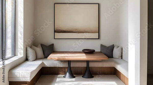 Fototapeta 27. A modern dining nook with a built-in bench, soft cushions, and a single piece of wall art for decor