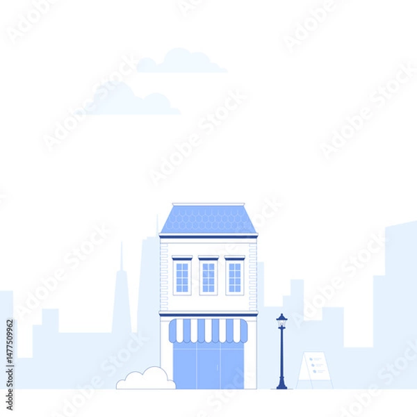 Obraz Suburb city street with apartments houses and shop buildings horizontal background. City view with house facades. Abstract architecture modern cityscape panorama. Vector illustration in flat style