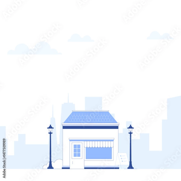Obraz Suburb city street with apartments houses and shop buildings horizontal background. City view with house facades. Abstract architecture modern cityscape panorama. Vector illustration in flat style