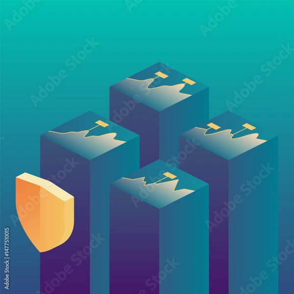 Obraz Shield with data blocks, symbolizing security and protection of information. Ideal for tech-related themes, cybersecurity concepts, or innovative digital solutions. Vector isometric illustration.