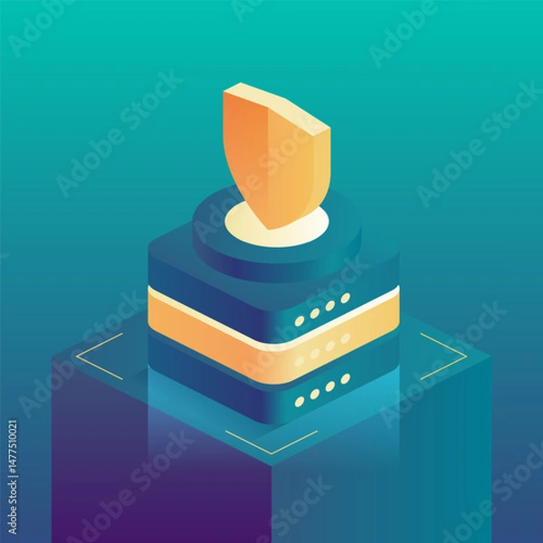 Obraz A shield atop server stacks symbolizes digital security and protection, representing cybersecurity for sensitive data. Secure solutions and futuristic digital protection in the cybersecurity field.