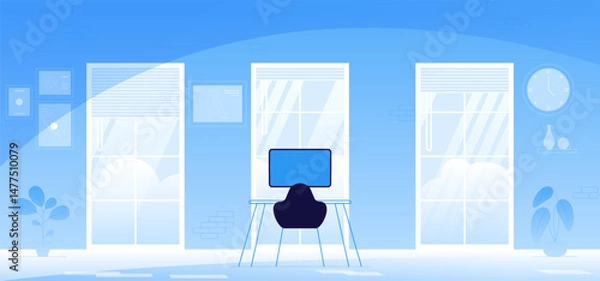 Obraz Office interior. Empty no people open space cabinet room with furniture. Office workstation furniture interior concept. Modern coworking area. Vector flat horizontal cartoon illustration