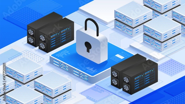 Obraz Online data security. Secure servers, padlock icons, and interconnected data elements, advanced cybersecurity measures, privacy and protection of digital information. Isometric vector illustration