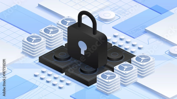 Obraz Cloud data protection with antivirus encryption. Padlock security. Stacks of servers and computer components. Technological elements. High-tech, secure environment. Isometric vector illustration