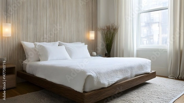Fototapeta 2. A modern bedroom featuring a low-profile bed, white linens, and a textured accent wall in neutral tones