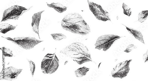 Fototapeta Black and white xerox effect of falling leaves vector background distressed stipple textured foliage autumnal theme monochrome leaf pattern vintage speckled halftone design element for banners